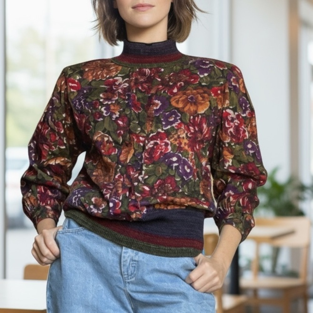 Vintage 80s Floral Turtleneck Blouson Shirt S/M